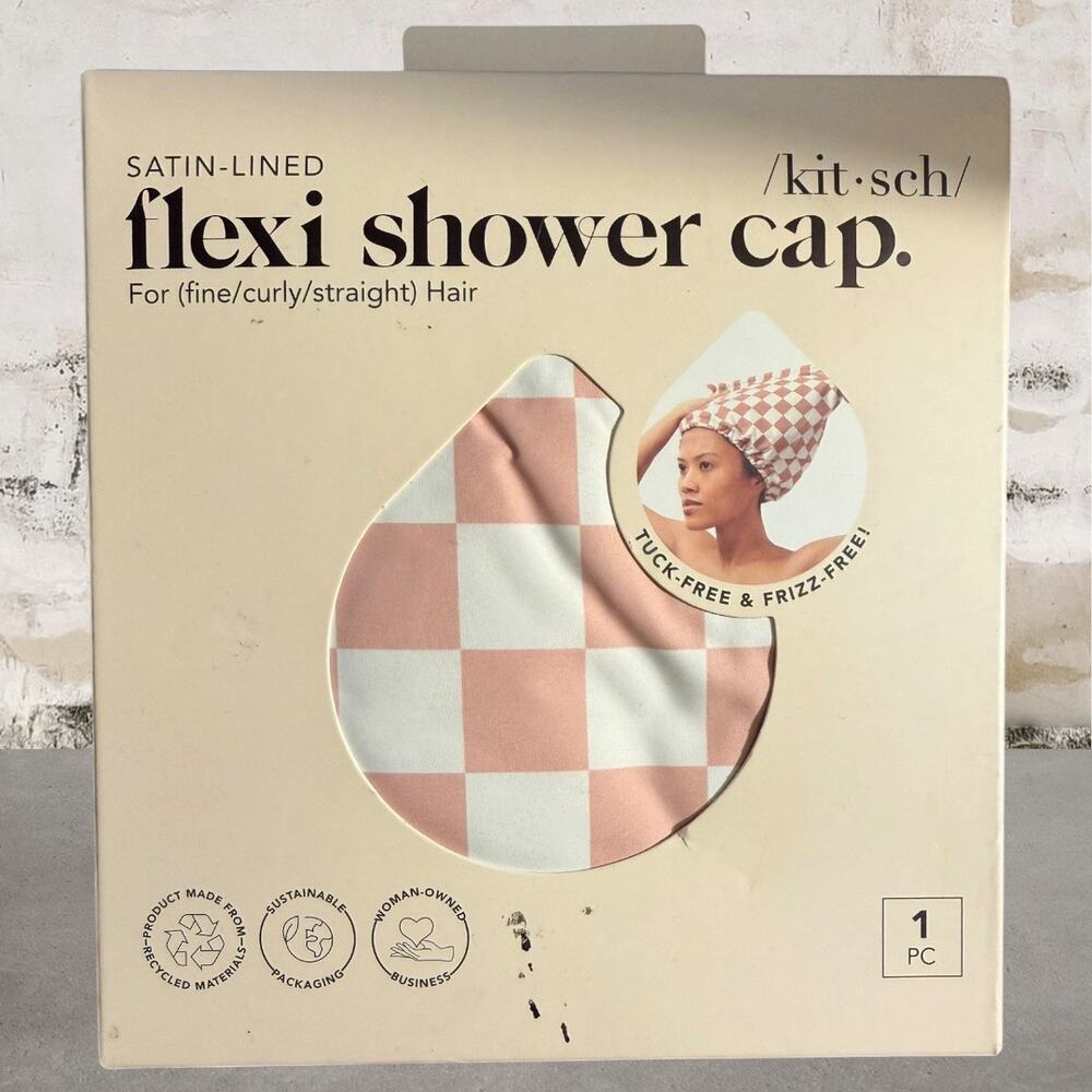 Kitsch $35 Terracotta Checker Satin Shower Cap NIB